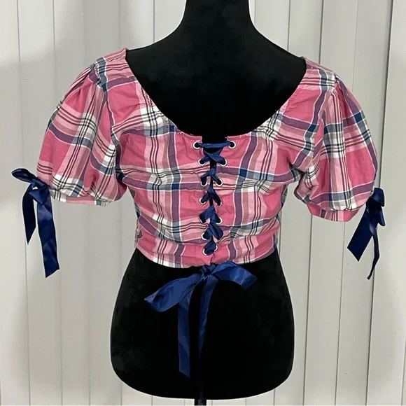 SUGAR THRILLZ French Exchange Plaid Puff Sleeve Corset Crop Top Pink Blue Large - Picture 5 of 8